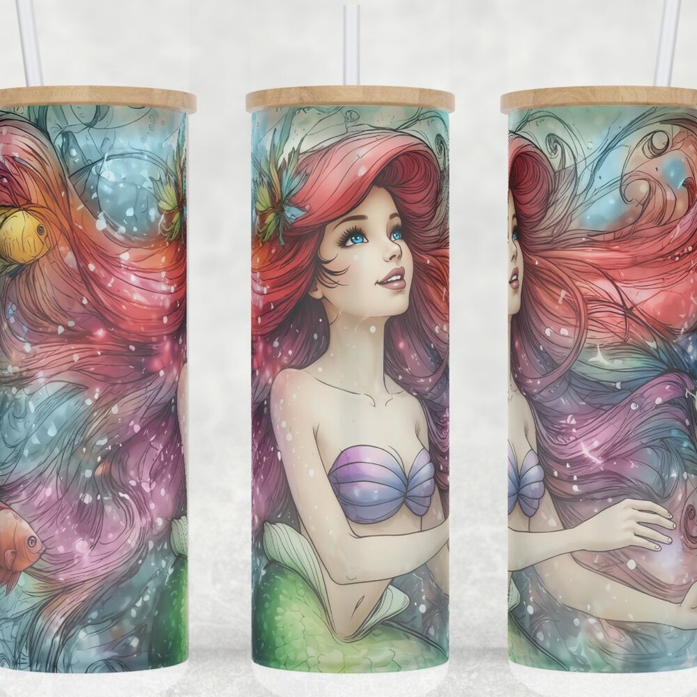 Frosted Glass Ariel The Little Mermaid Watercolor Cup Mug Tumbler 25oz